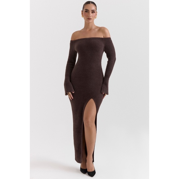 NEW House of CB Lucena Knit Off the Shoulder Dress Grey + Lurex / Espresso Large - Picture 1 of 13